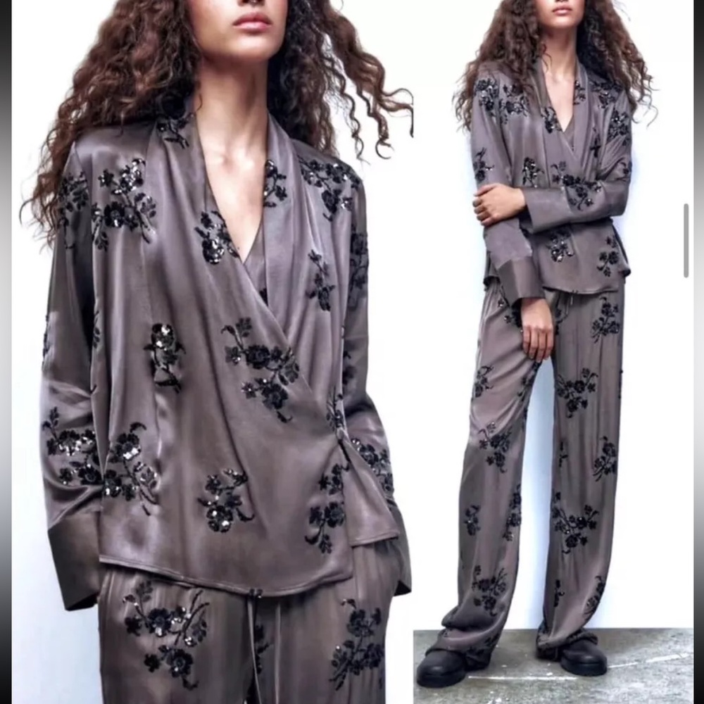 Zara Mink Embroidered Blouse With Sequins & Trousers Co Ord Set Size S